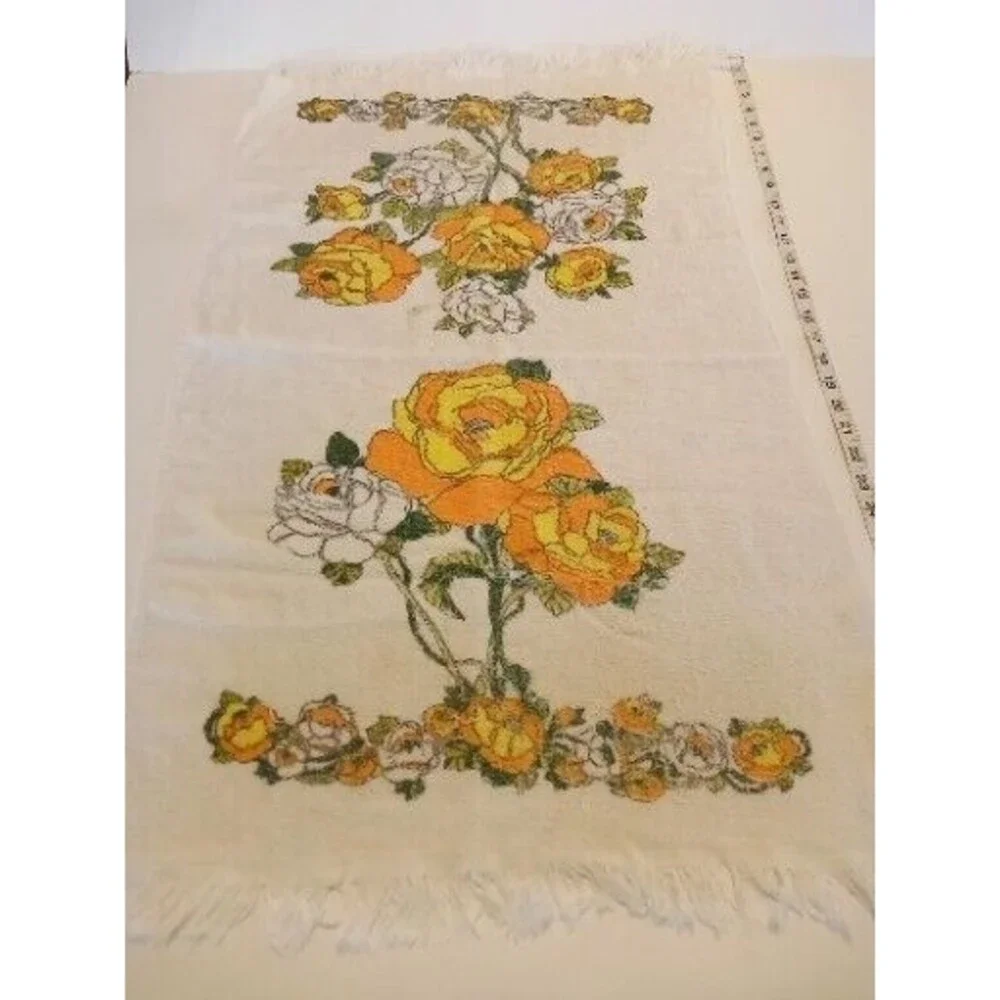 2 Vintage Bath Towels Orange Yellow Floral 60s 70s Cone‎ Made in USA